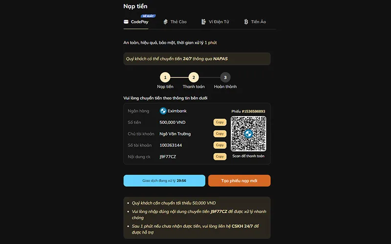 Quét mã QR codepay, cách nạp tiền đơn giản, giảm tối đa sai sót